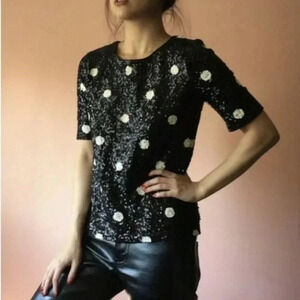 J. Crew Women’s Black & White Polka Dot Sequins Top Blouse Size XS